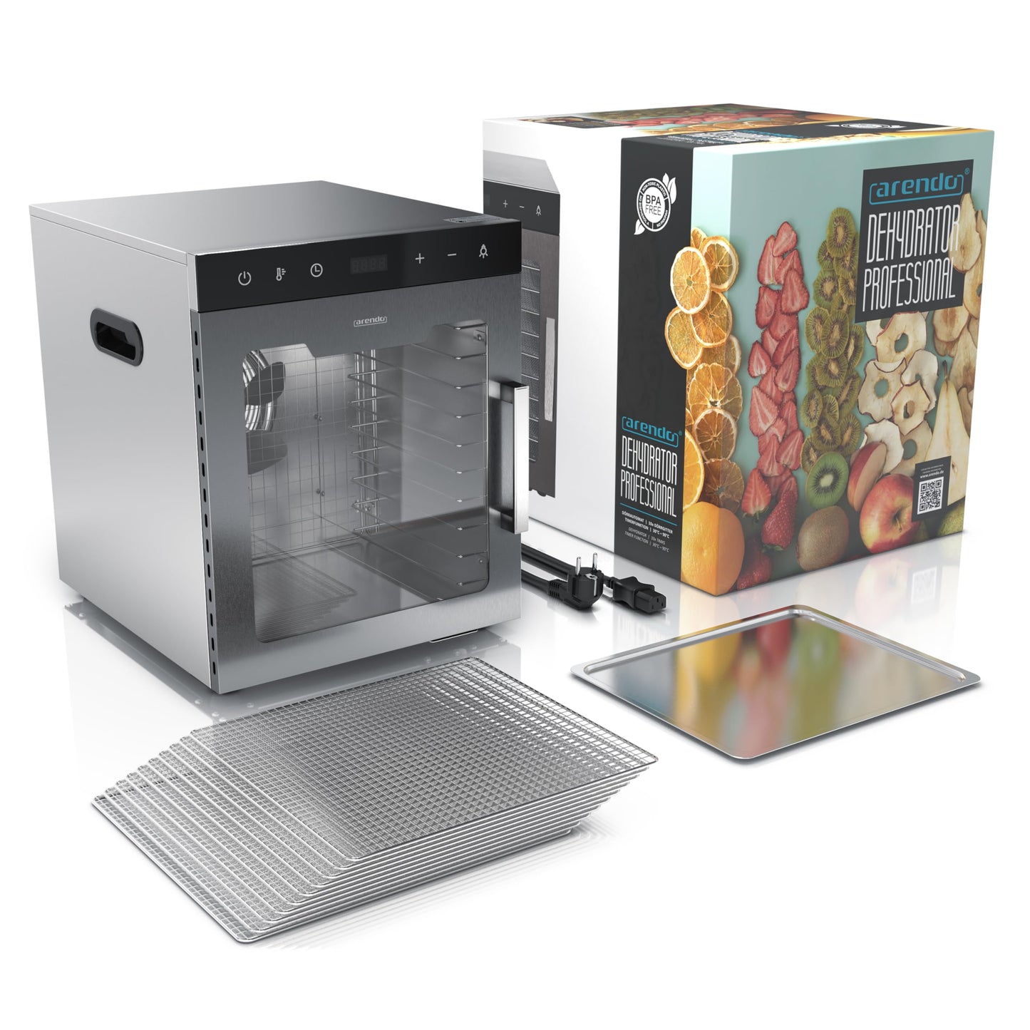 Arendo - Dörrautomat Edelstahl mit 10 Edelstahlgitter - 800 W - 35°-85°C - 10 Edelstahl Einlegetabletts mit insgesamt 8400 cm²