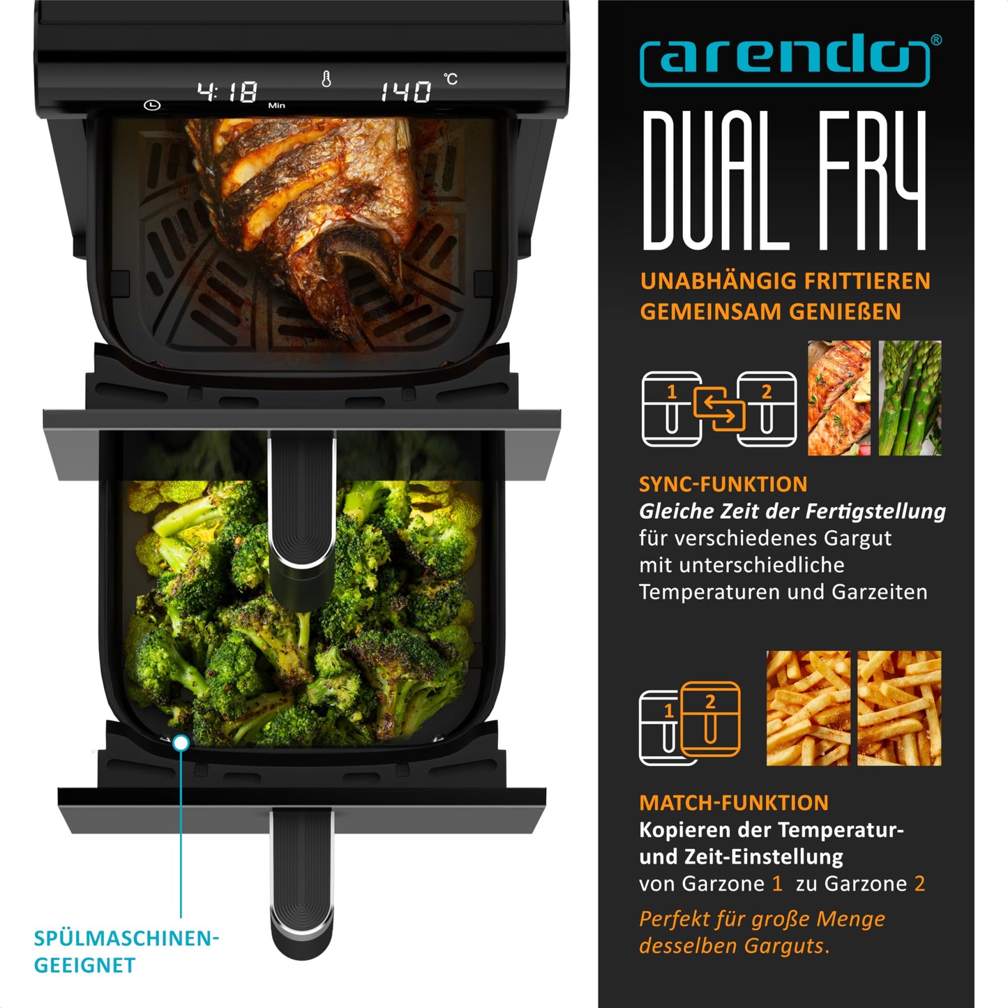 Arendo - Heißluftfritteuse XXL Dual Zone 2 Kammern – 11,4L Kapazität – 2 Zonen – Airfryer Doppelkammer mit Sichtfenster – 13 Programme – BPA-frei