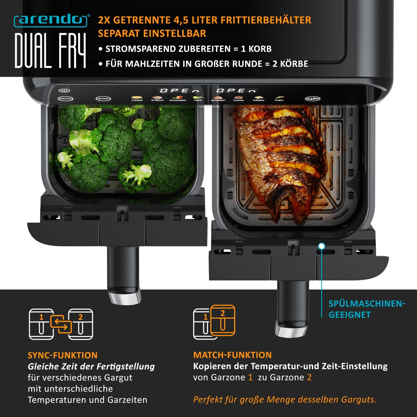 Arendo - Heißluftfritteuse 9L mit 2 Kammern - XXL Kapazität - 2 Fächer – Airfryer Backofen - 8 Programme – Touchscreen - 3D Umluftsystem