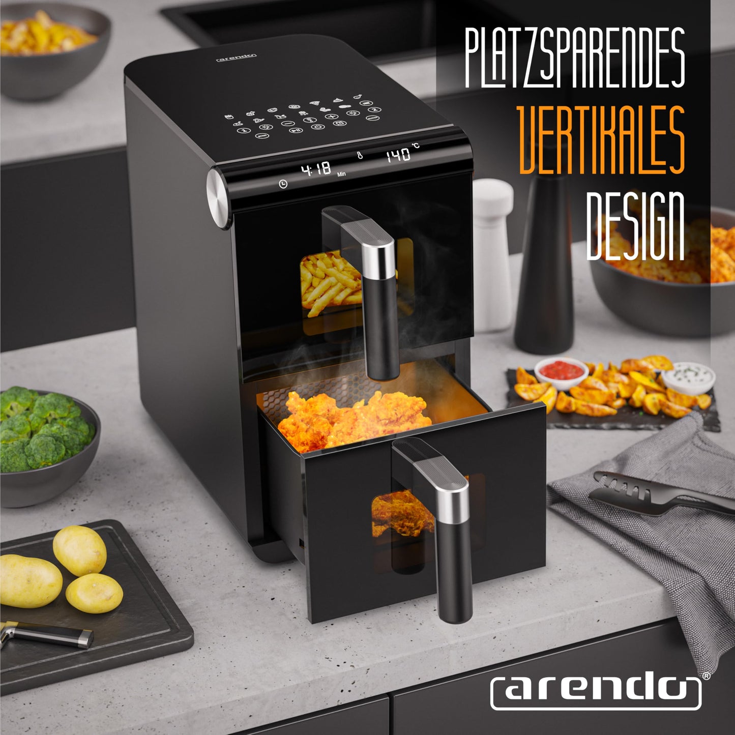 Arendo - Heißluftfritteuse XXL Dual Zone 2 Kammern – 11,4L Kapazität – 2 Zonen – Airfryer Doppelkammer mit Sichtfenster – 13 Programme – BPA-frei