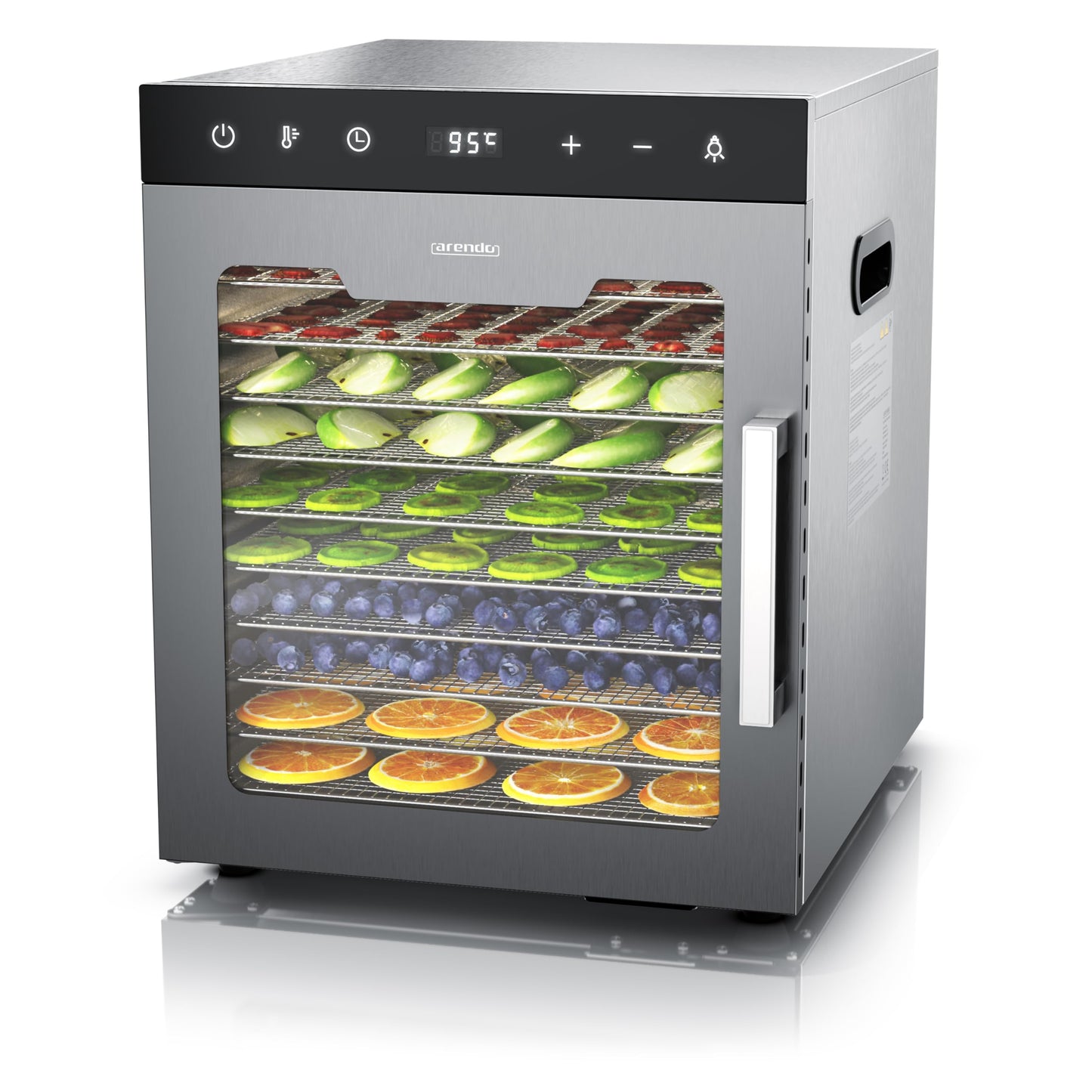 Arendo - Dörrautomat Edelstahl mit 10 Edelstahlgitter - 800 W - 35°-85°C - 10 Edelstahl Einlegetabletts mit insgesamt 8400 cm²