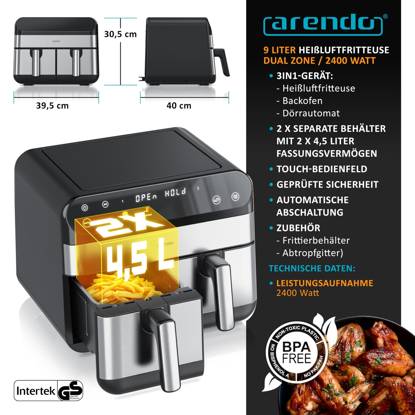 Arendo - Heißluftfritteuse 9L mit 2 Kammern - XXL Kapazität - 2 Fächer – Airfryer Backofen - 8 Programme – Touchscreen - 3D Umluftsystem