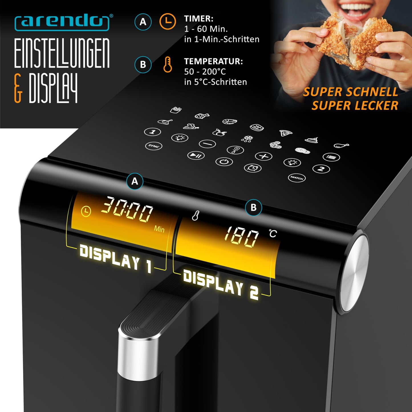 Arendo - Heißluftfritteuse XXL Dual Zone 2 Kammern – 11,4L Kapazität – 2 Zonen – Airfryer Doppelkammer mit Sichtfenster – 13 Programme – BPA-frei