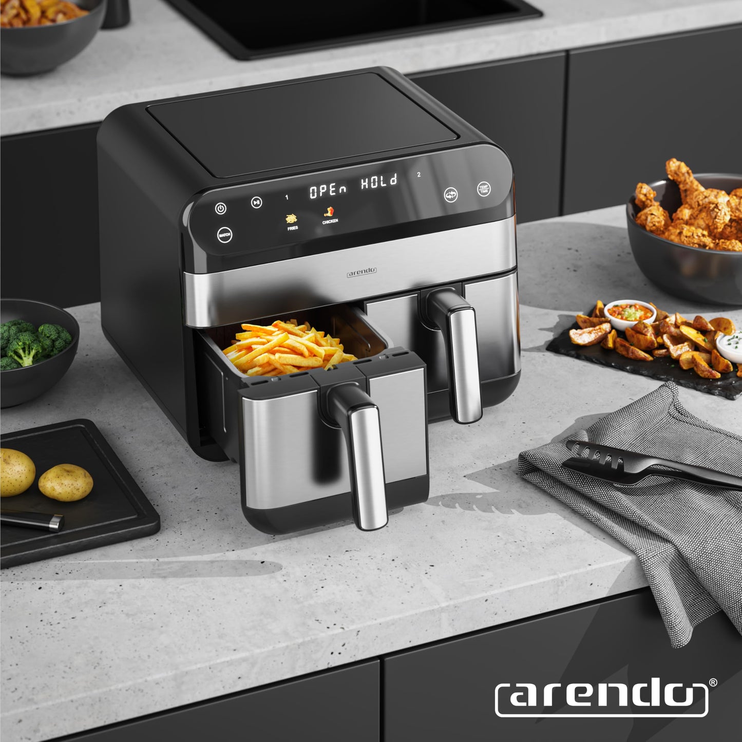 Arendo - Heißluftfritteuse 9L mit 2 Kammern - XXL Kapazität - 2 Fächer – Airfryer Backofen - 8 Programme – Touchscreen - 3D Umluftsystem