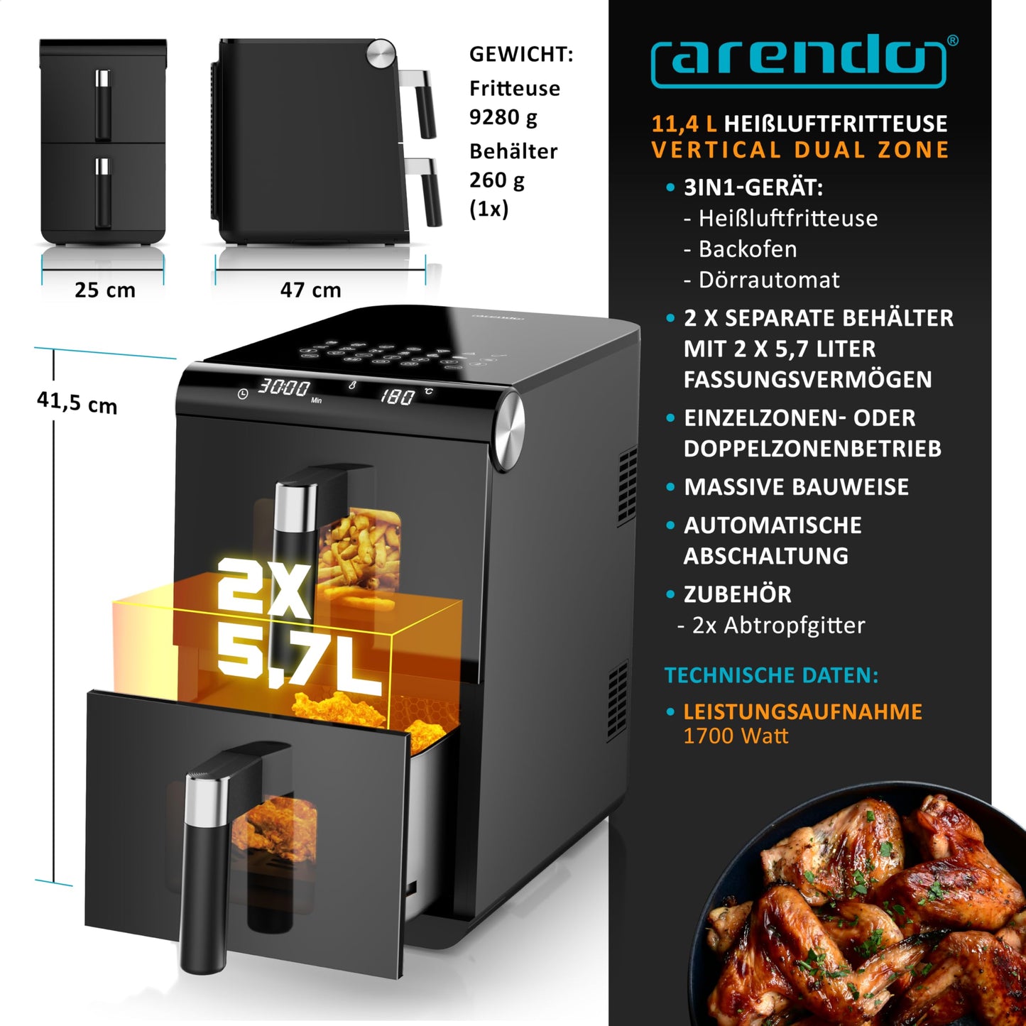 Arendo - Heißluftfritteuse XXL Dual Zone 2 Kammern – 11,4L Kapazität – 2 Zonen – Airfryer Doppelkammer mit Sichtfenster – 13 Programme – BPA-frei
