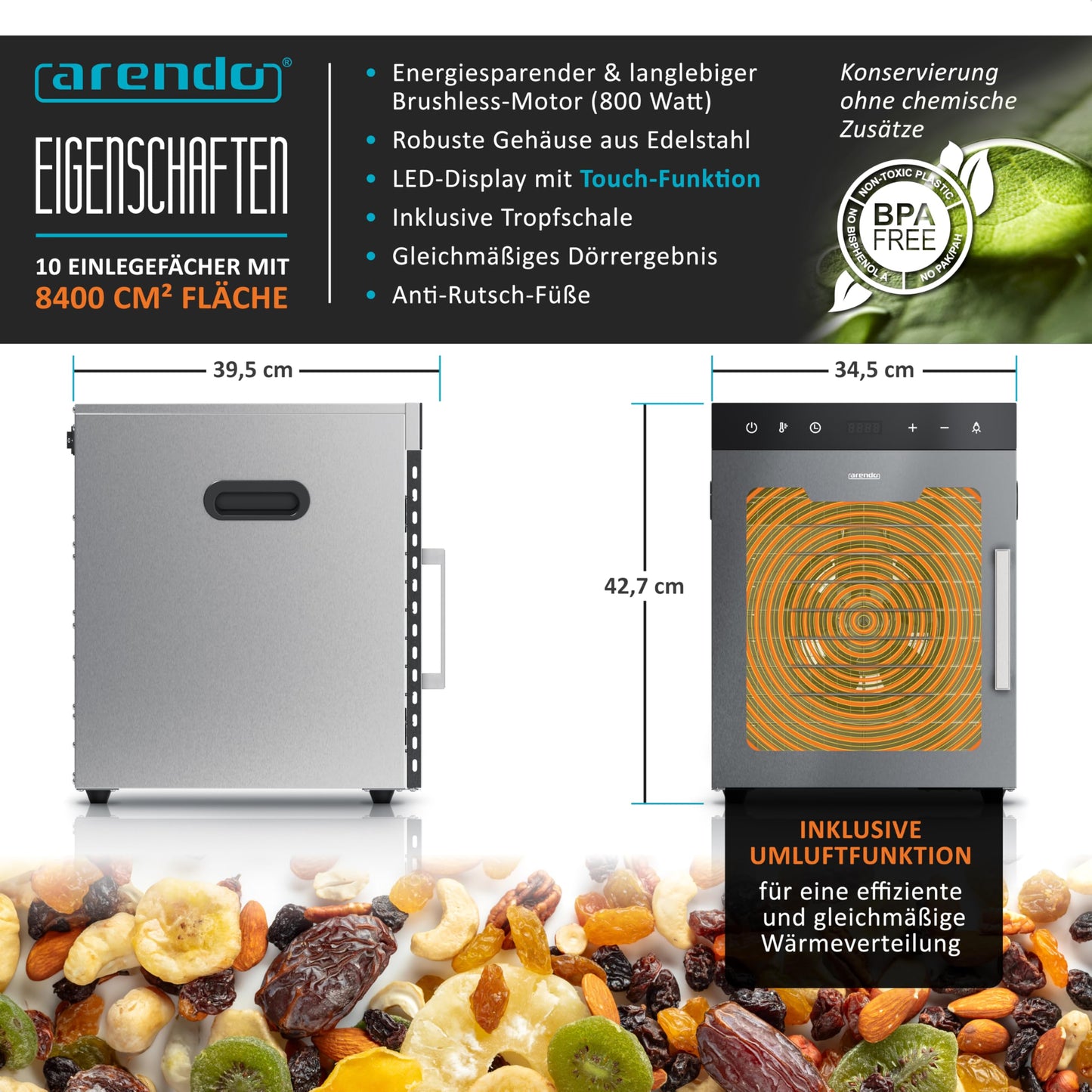Arendo - Dörrautomat Edelstahl mit 10 Edelstahlgitter - 800 W - 35°-85°C - 10 Edelstahl Einlegetabletts mit insgesamt 8400 cm²