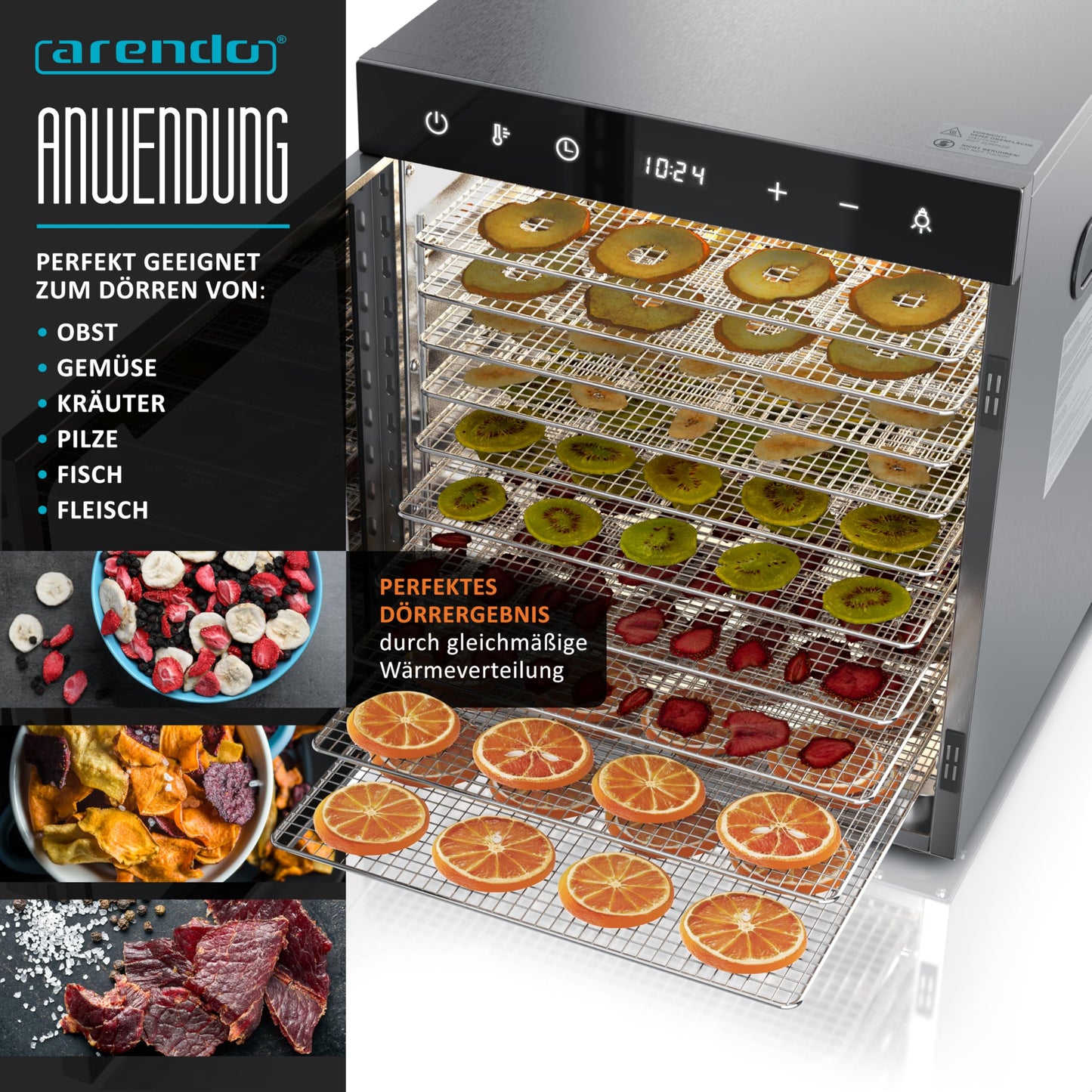 Arendo - Dörrautomat Edelstahl mit 10 Edelstahlgitter - 800 W - 35°-85°C - 10 Edelstahl Einlegetabletts mit insgesamt 8400 cm²