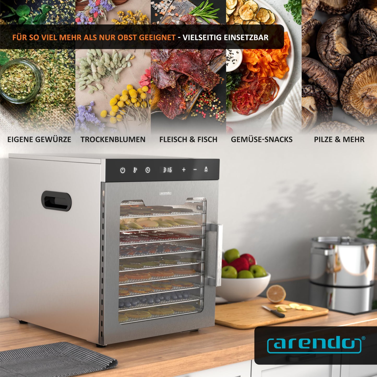 Arendo - Dörrautomat Edelstahl mit 10 Edelstahlgitter - 800 W - 35°-85°C - 10 Edelstahl Einlegetabletts mit insgesamt 8400 cm²