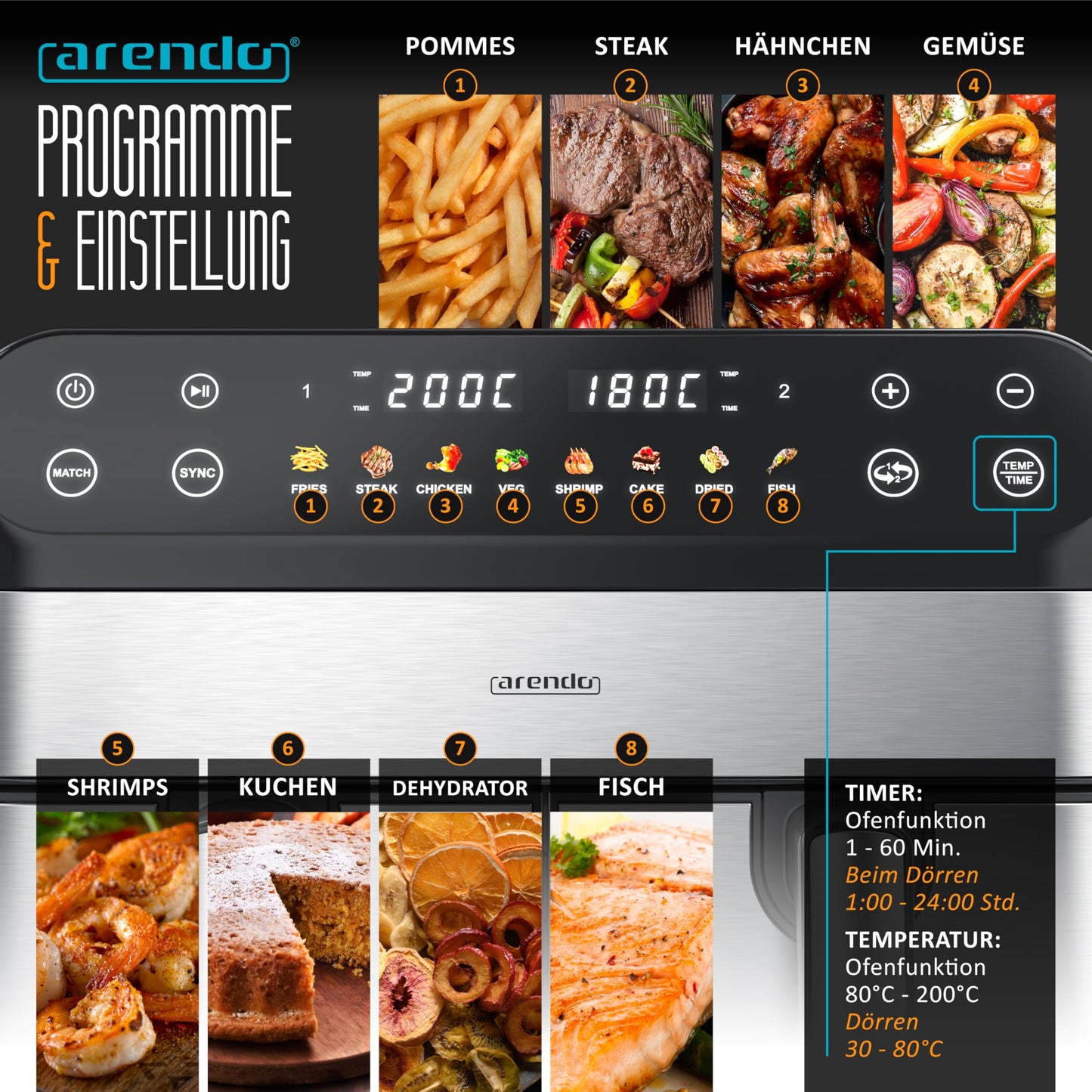 Arendo - Heißluftfritteuse 9L mit 2 Kammern - XXL Kapazität - 2 Fächer – Airfryer Backofen - 8 Programme – Touchscreen - 3D Umluftsystem