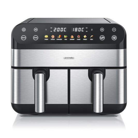Arendo - Heißluftfritteuse 9L mit 2 Kammern - XXL Kapazität - 2 Fächer – Airfryer Backofen - 8 Programme – Touchscreen - 3D Umluftsystem