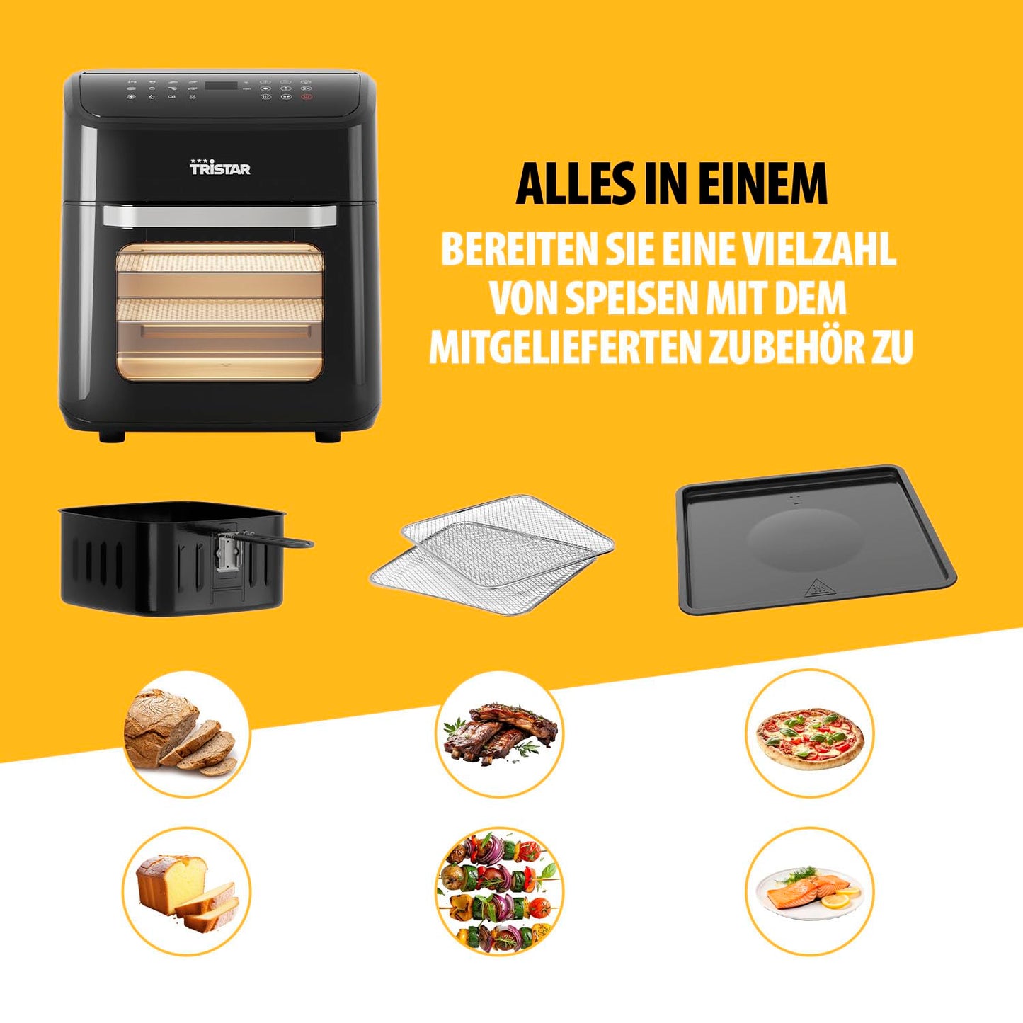 Tristar Mini Backofen & Heißluftfritteuse, 2-in-1-Airfryer, BPA-frei, 12 L, 12 Programme, Sichtfenster, 1800 W, FR-9065, Schwarz