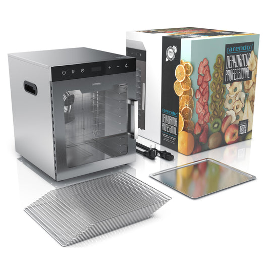 Arendo - Dörrautomat Edelstahl mit 10 Edelstahlgitter - 800 W - 35°-85°C - 10 Edelstahl Einlegetabletts mit insgesamt 8400 cm²