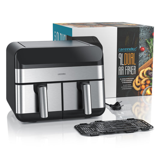 Arendo - Heißluftfritteuse 9L mit 2 Kammern - XXL Kapazität - 2 Fächer – Airfryer Backofen - 8 Programme – Touchscreen - 3D Umluftsystem
