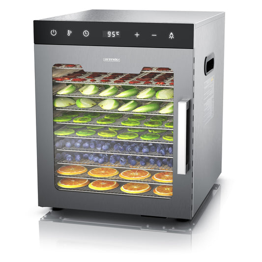 Arendo - Dörrautomat Edelstahl mit 10 Edelstahlgitter - 800 W - 35°-85°C - 10 Edelstahl Einlegetabletts mit insgesamt 8400 cm²